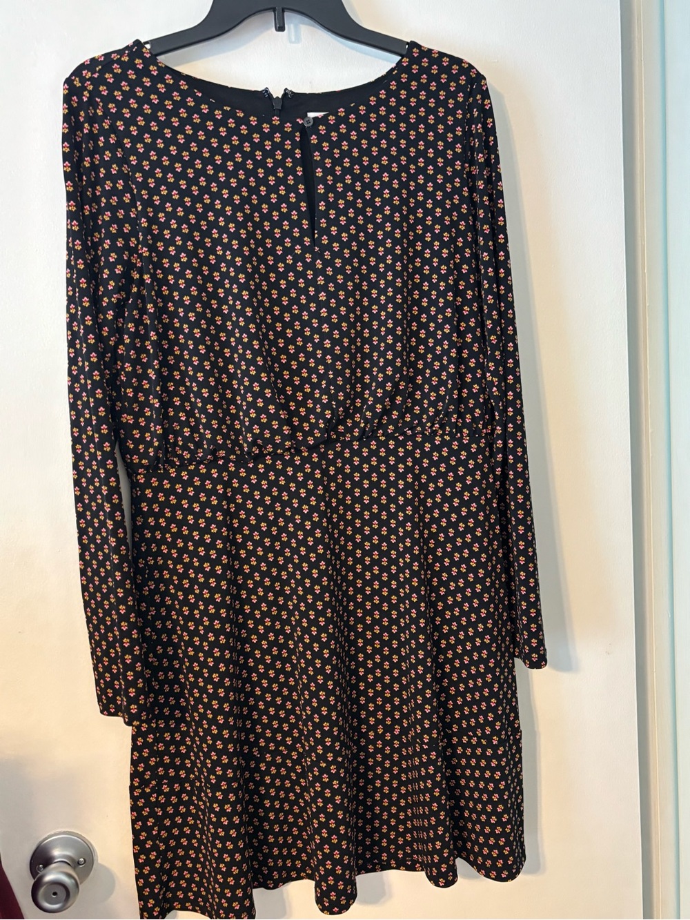 LOFT Black Long-Sleeve Floral Fit-and-Flare Dress with Pink Print